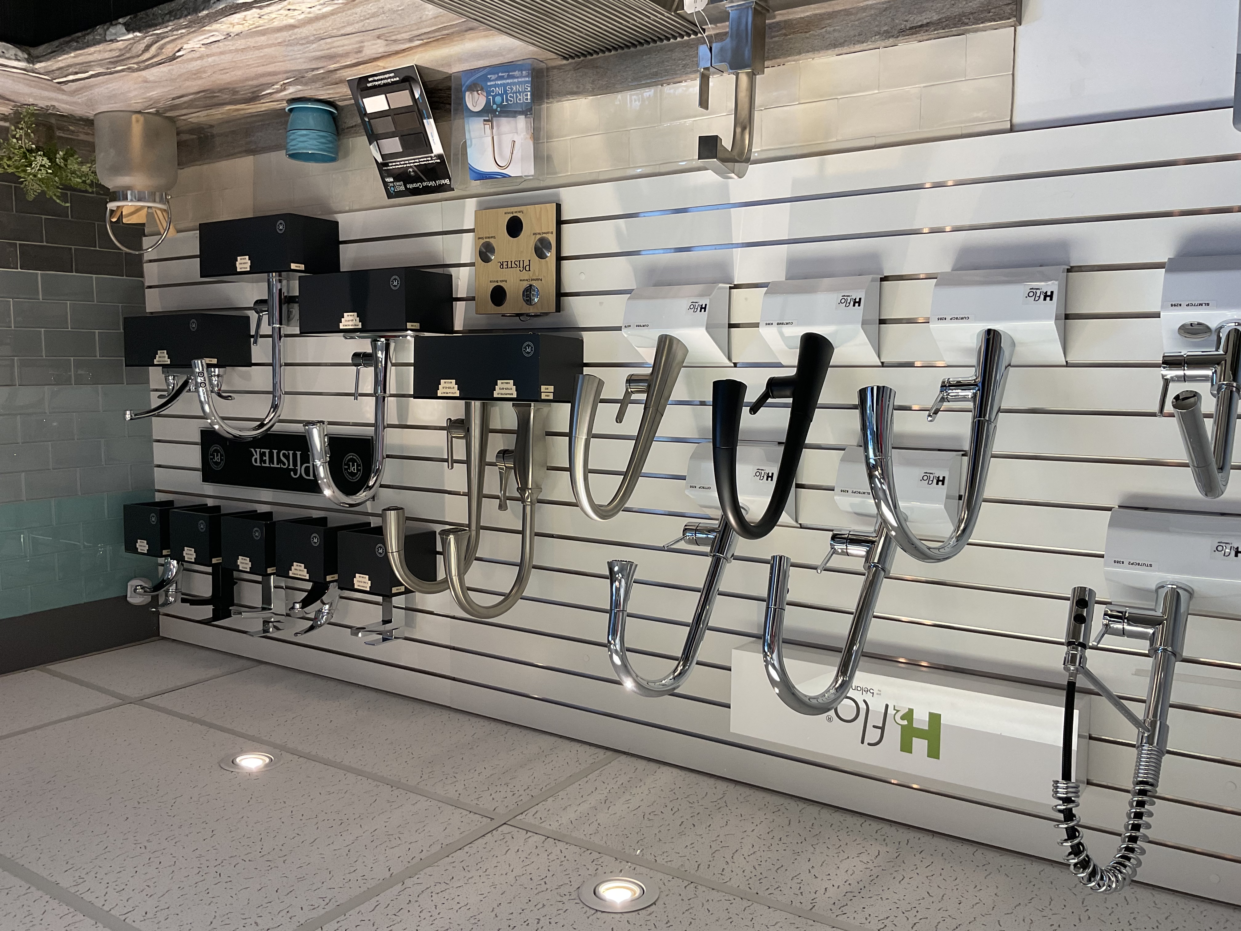 Faucets display in our showroom, Pfister and H2flo, Bristol also available