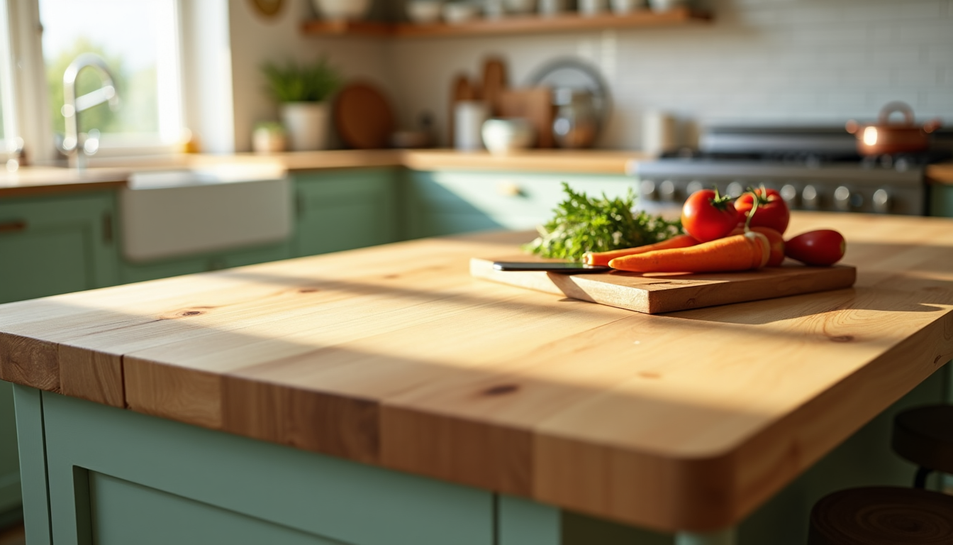 photograph of a butcher block island with vegetables being prepared on top. light wood style with sage green cabinets 