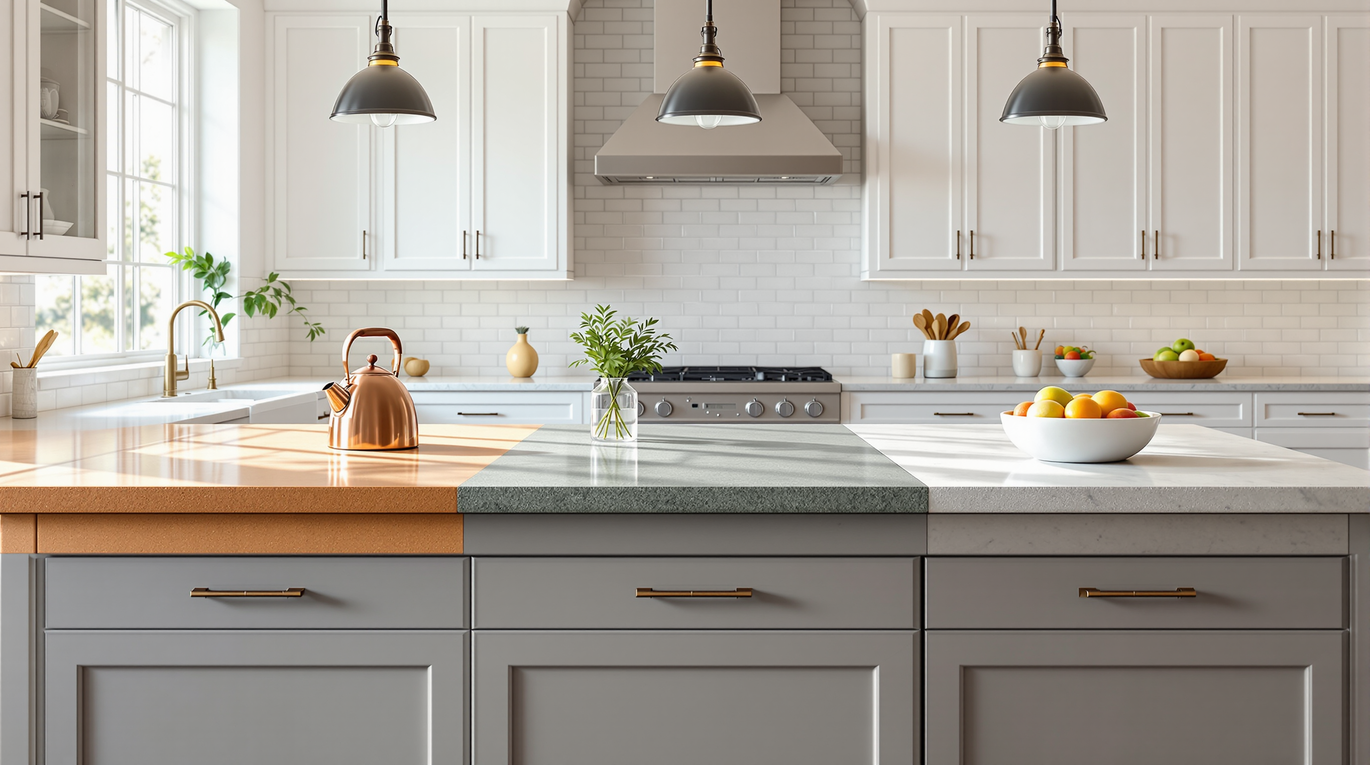Three different coloured countertops, orange, green and white displayed together