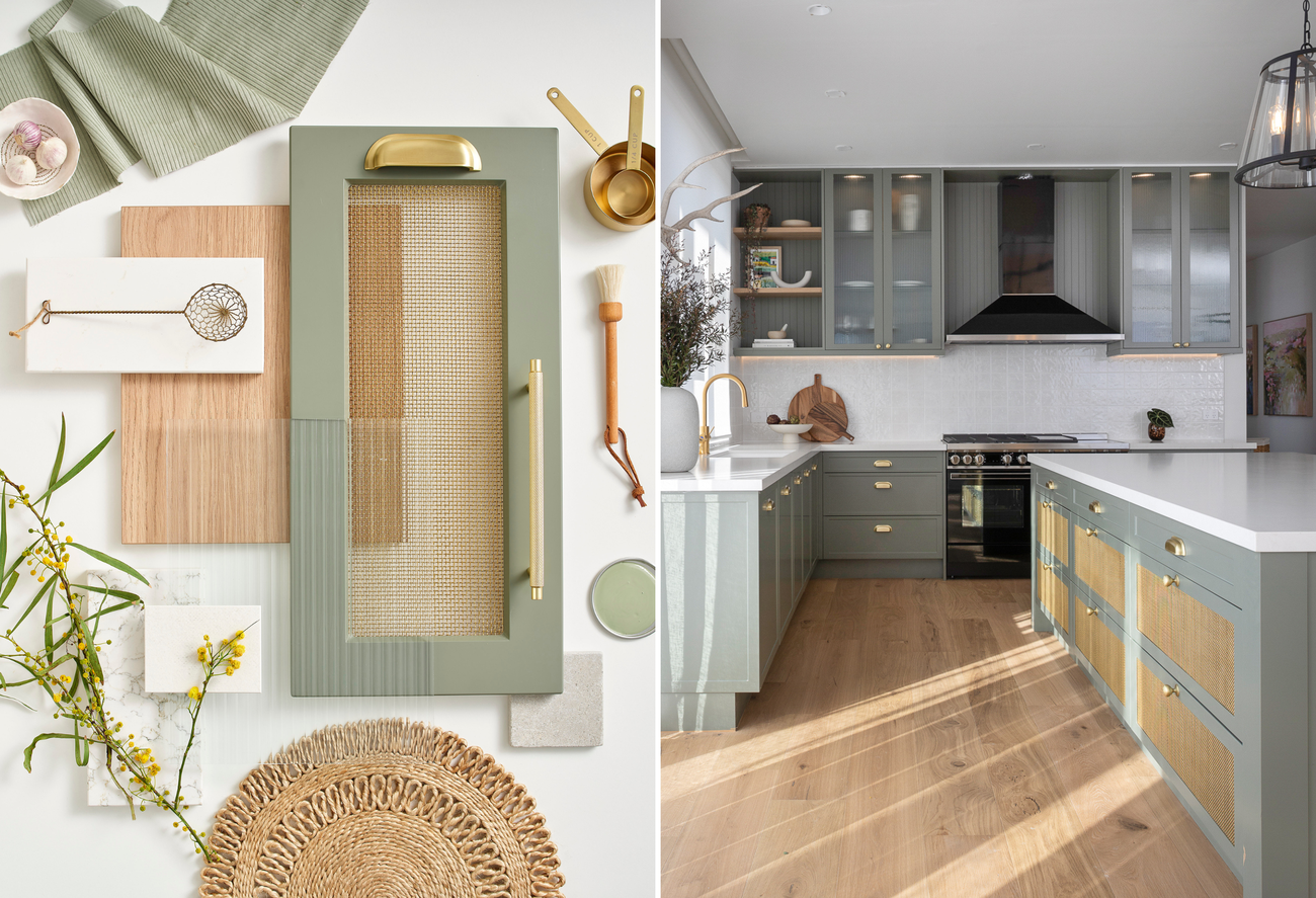 green and beige inspired flat lay moldboard on left with kitchen designed using that pallet on the rifght