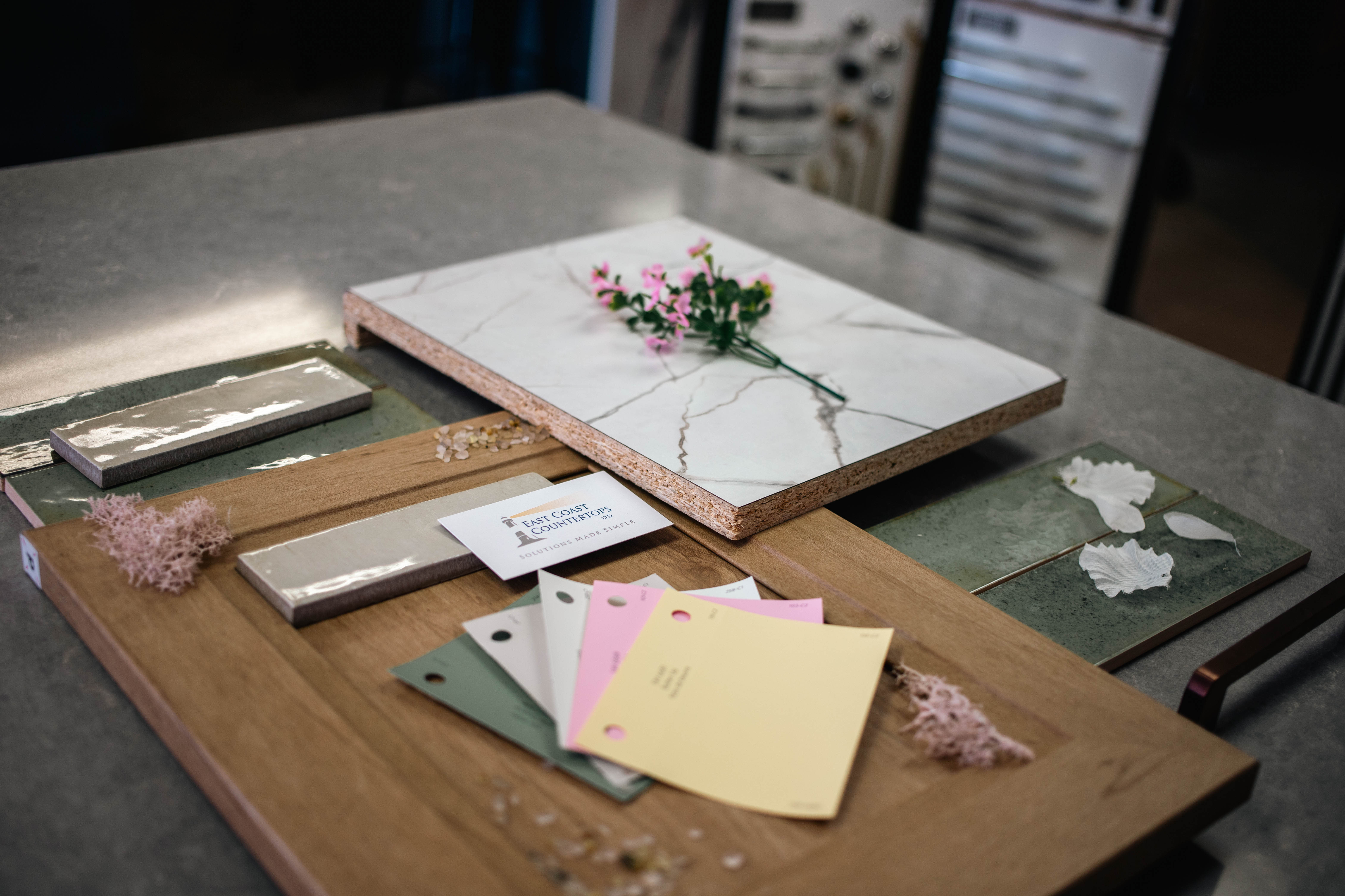 Flat lay photography of fractured marble countertop design 