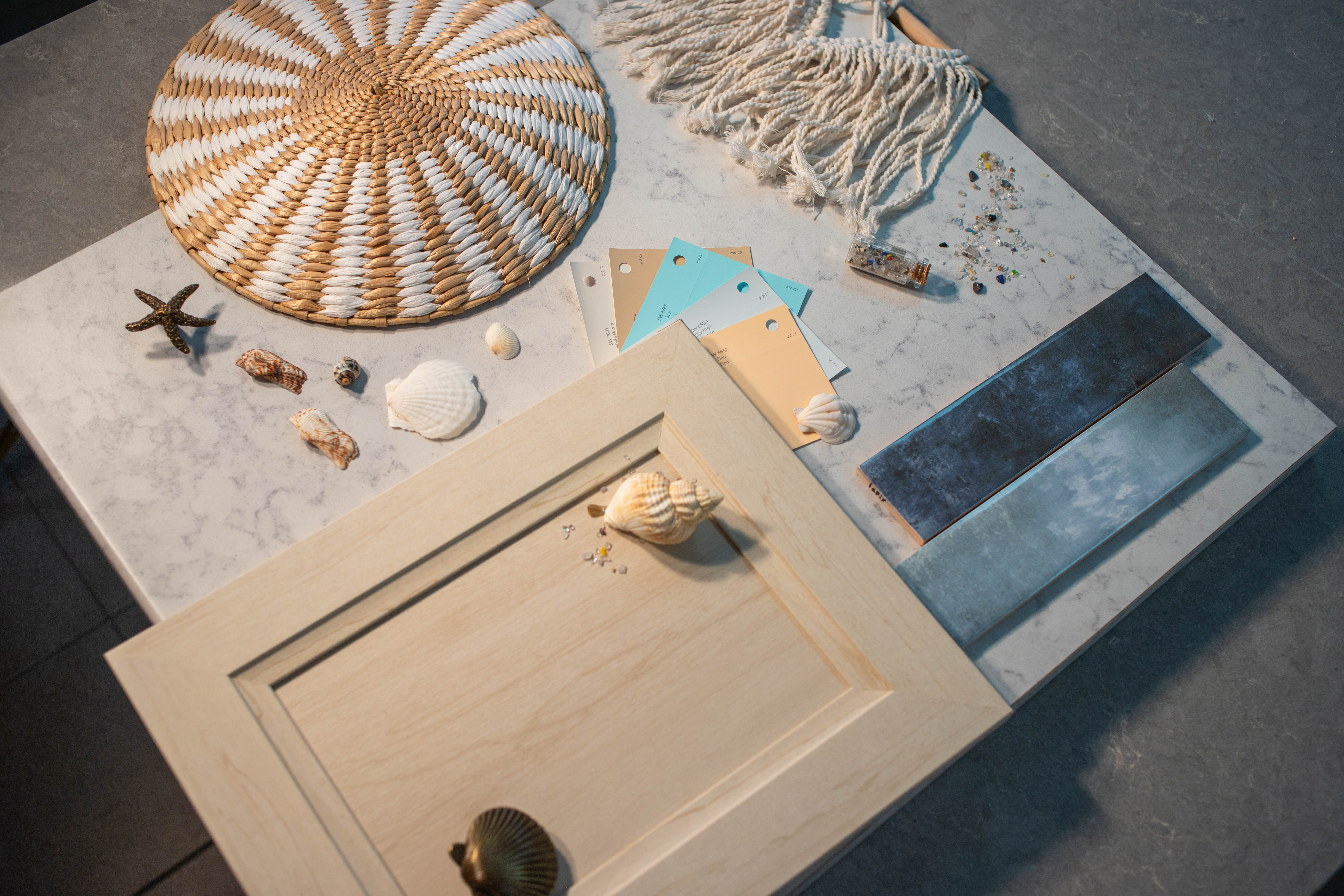 flat lay photography of Neo cloud countertop with coastal elements 