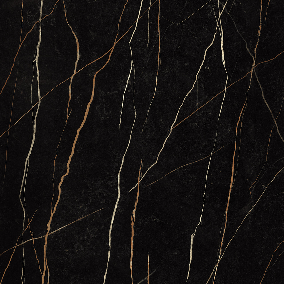 Close up detail of Formica Sahara Noir laminate showing the black background and distinct copper veining.