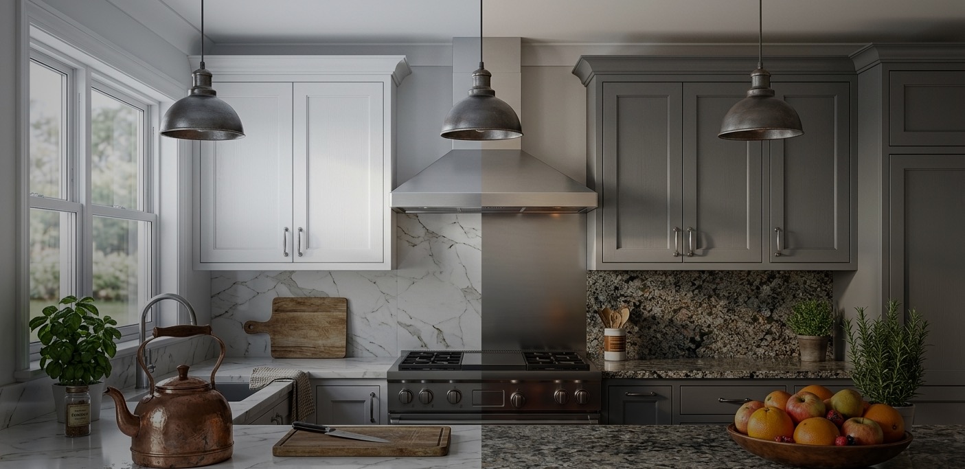 Comparison of premium quartz and natural granite countertops in a modern kitchen renovation.