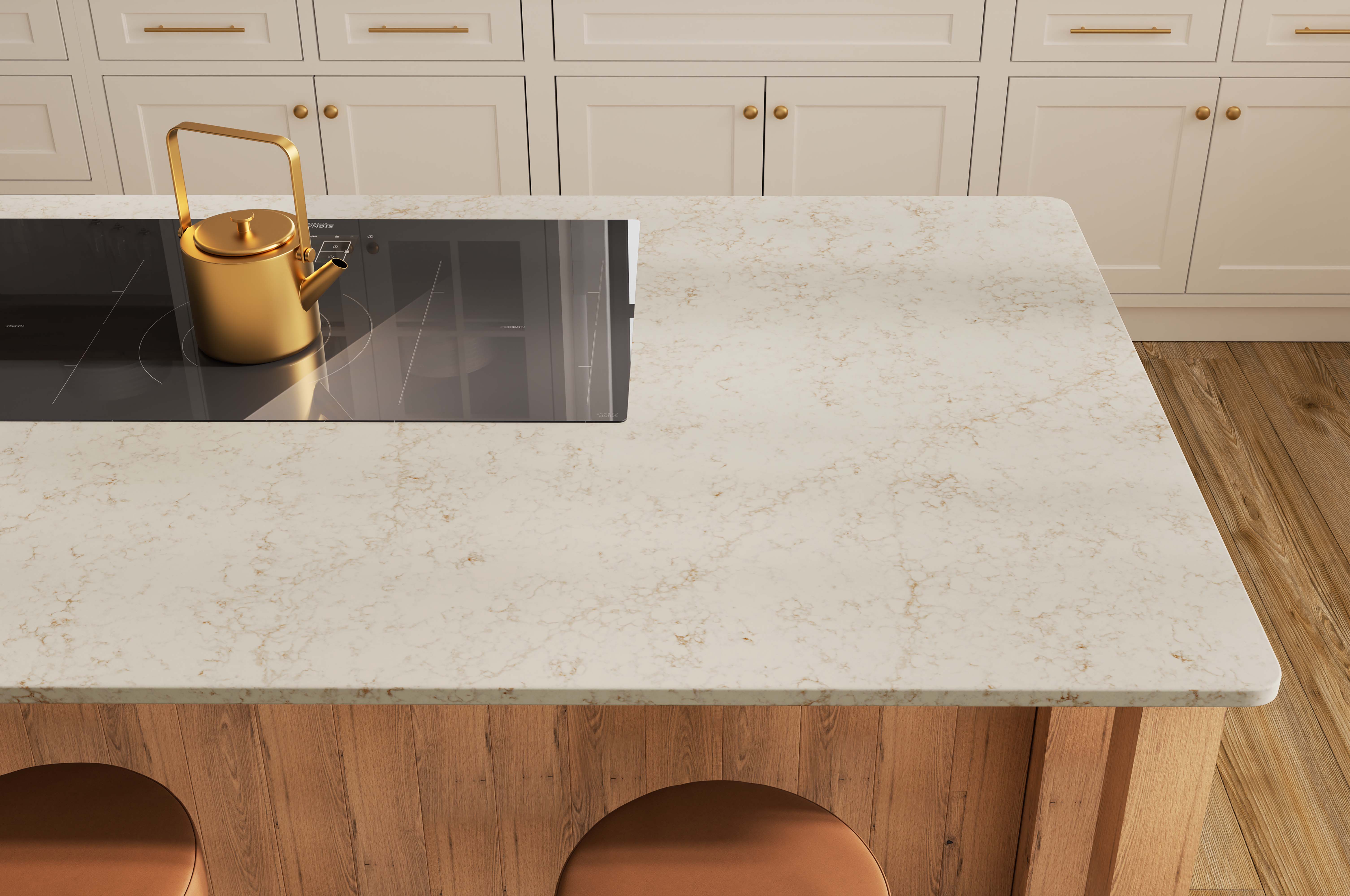 beautiful finished kitchen of white quartz countertop, black granite sink and golden faucet