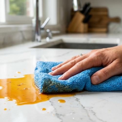 A close-up shot of a clean, non-porous quartz counter showing a spill being effortlessly wiped away with a microfiber cloth.